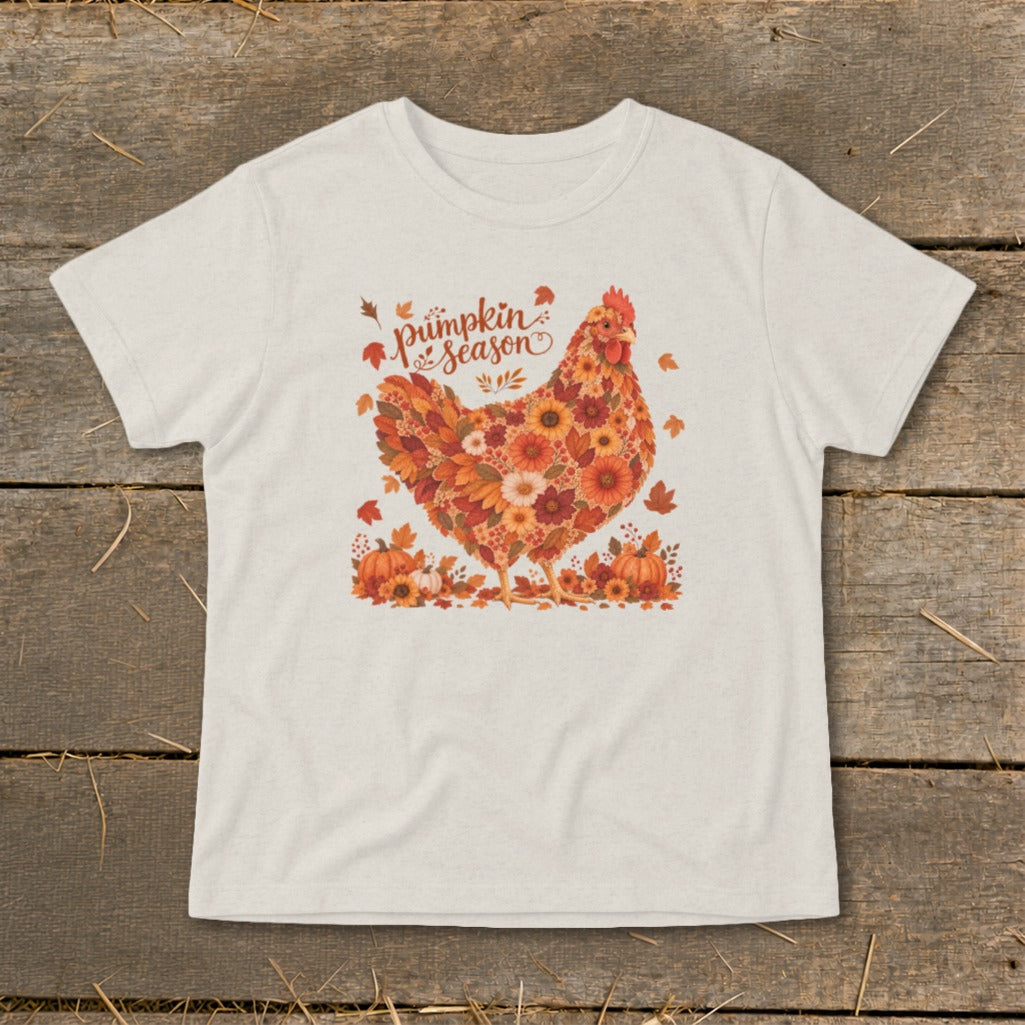 Cream t-shirt with a chicken design made of autumnal flowers and leaves and "pumpkin season" text.
