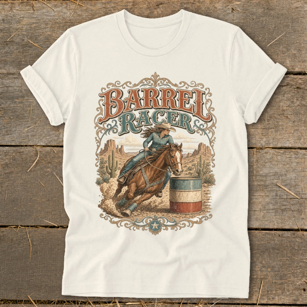 Barrel Racer graphic featuring a cowboy on a horse rounding a barrel in a desert scene.