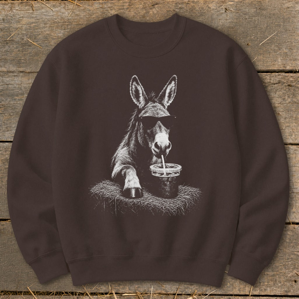 Brown sweatshirt with a donkey wearing sunglasses drinking from a cup.