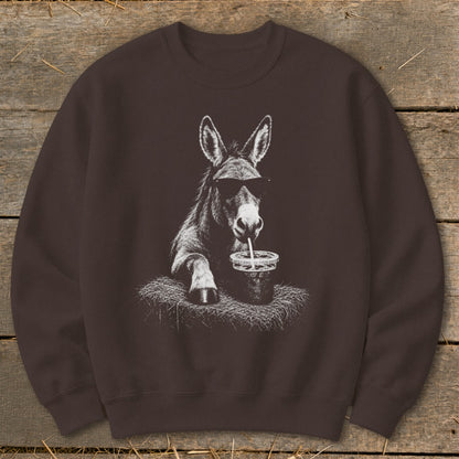 Brown sweatshirt with a donkey wearing sunglasses drinking from a cup.