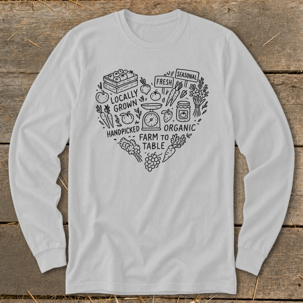 Heart-shaped graphic with fresh produce and text: Locally Grown, Fresh, Seasonal, Handpicked, Organic, Farm to Table.