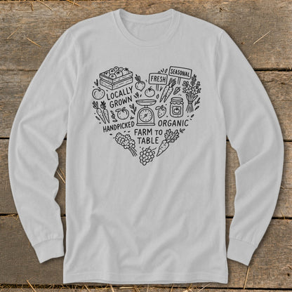 Heart-shaped graphic with fresh produce and text: Locally Grown, Fresh, Seasonal, Handpicked, Organic, Farm to Table.