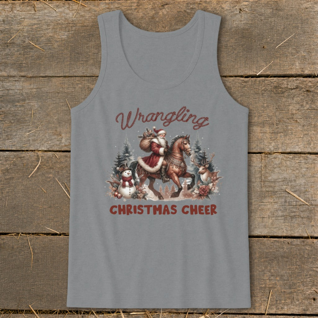 Santa on horseback with gifts, a snowman, deer, and pine trees.