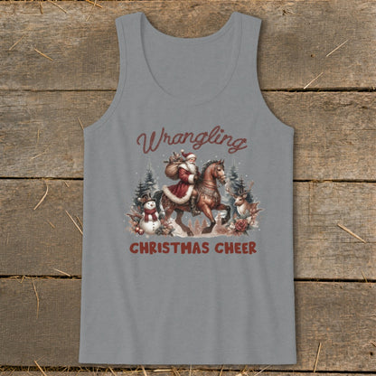 Santa on horseback with gifts, a snowman, deer, and pine trees.