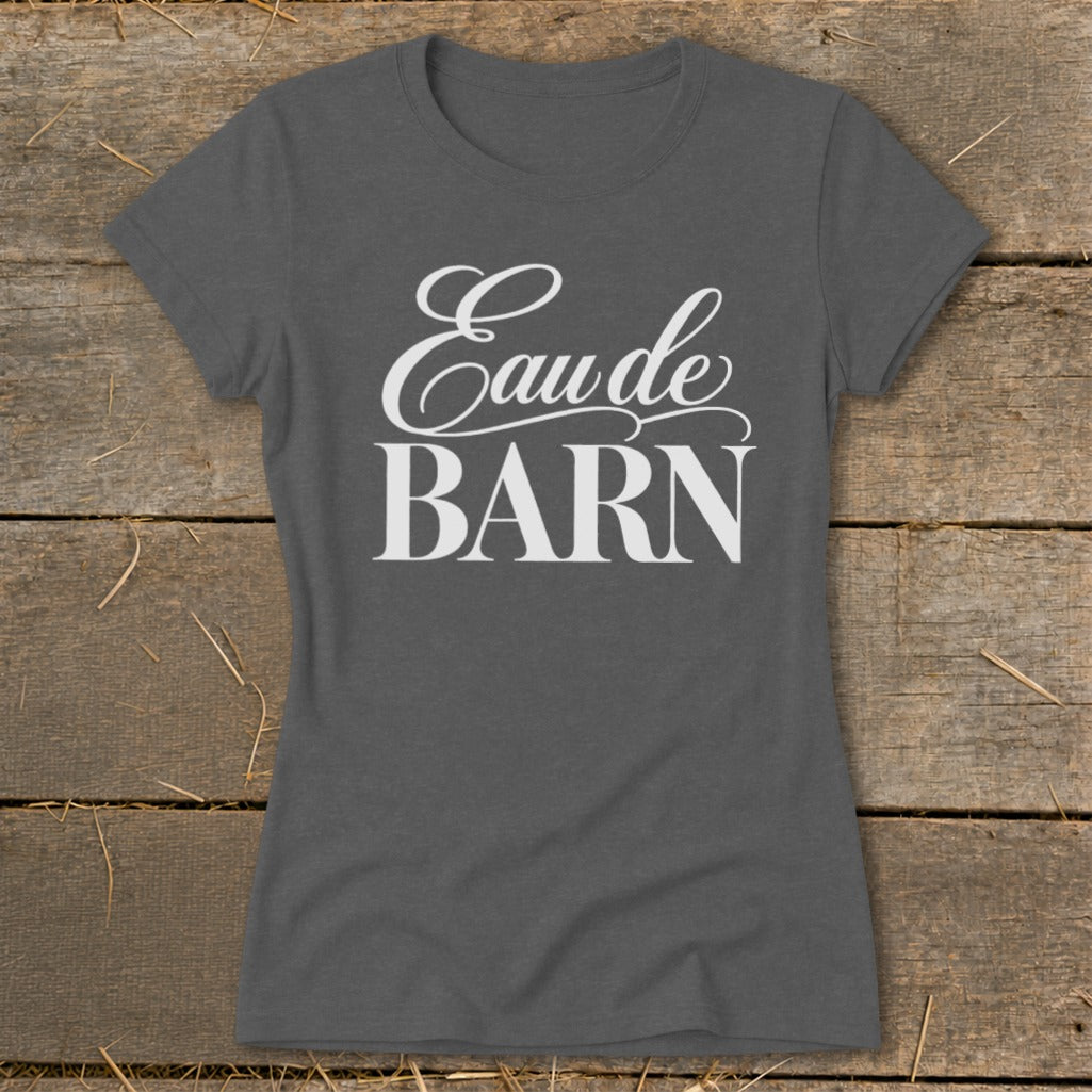 Grey t-shirt with "Eaude BARN" text in white cursive and block letters.
