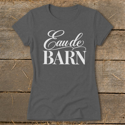 Grey t-shirt with "Eaude BARN" text in white cursive and block letters.