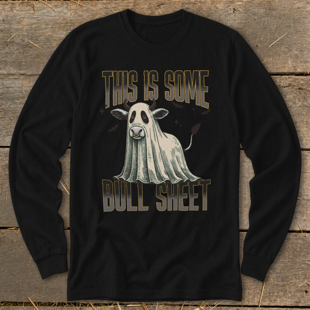 Black long sleeve shirt with a cow wearing a ghost costume and text.