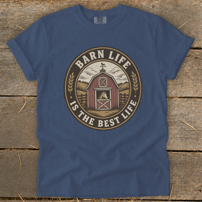 Blue t-shirt with a circular graphic of a red barn, horse, and text "Barn Life Is The Best Life".