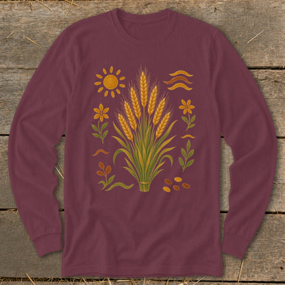 Maroon long-sleeve shirt with a central wheat stalk design and surrounding elements.