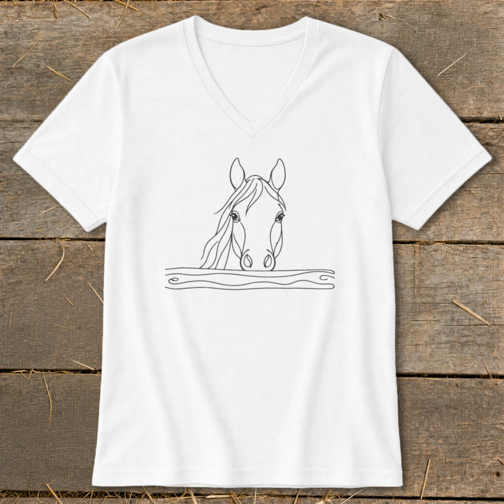 White v-neck t-shirt with a simple black line drawing of a horse's head.
