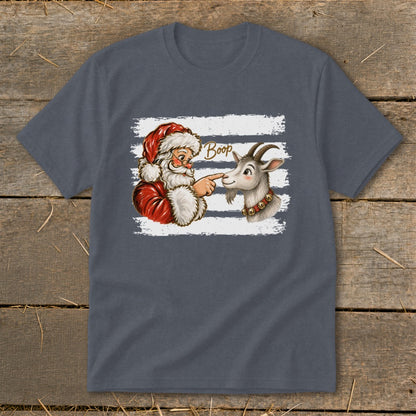 Santa booping a goat's nose with the word "Boop" on a striped background.