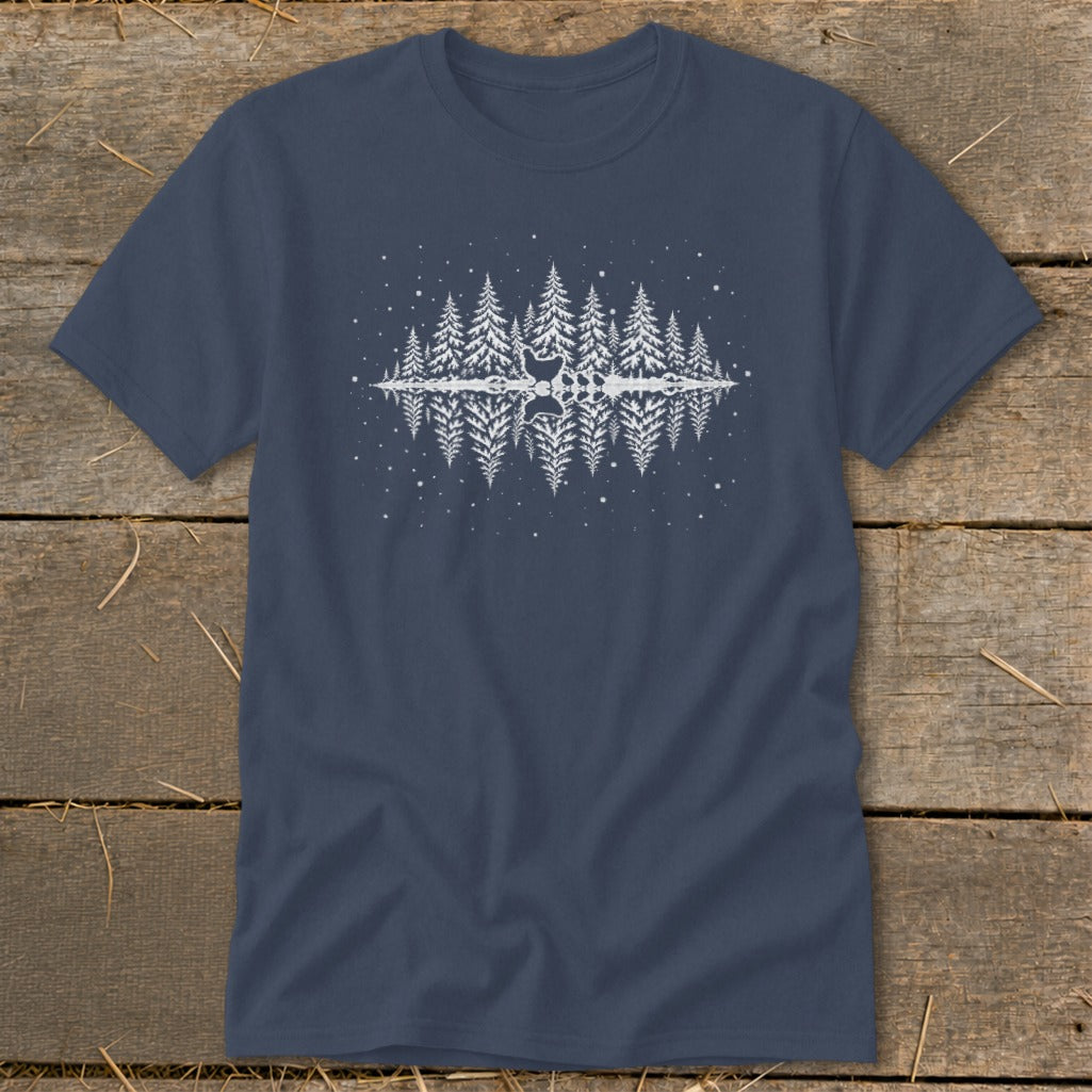 Dark blue t-shirt with white forest reflection and deer graphic.