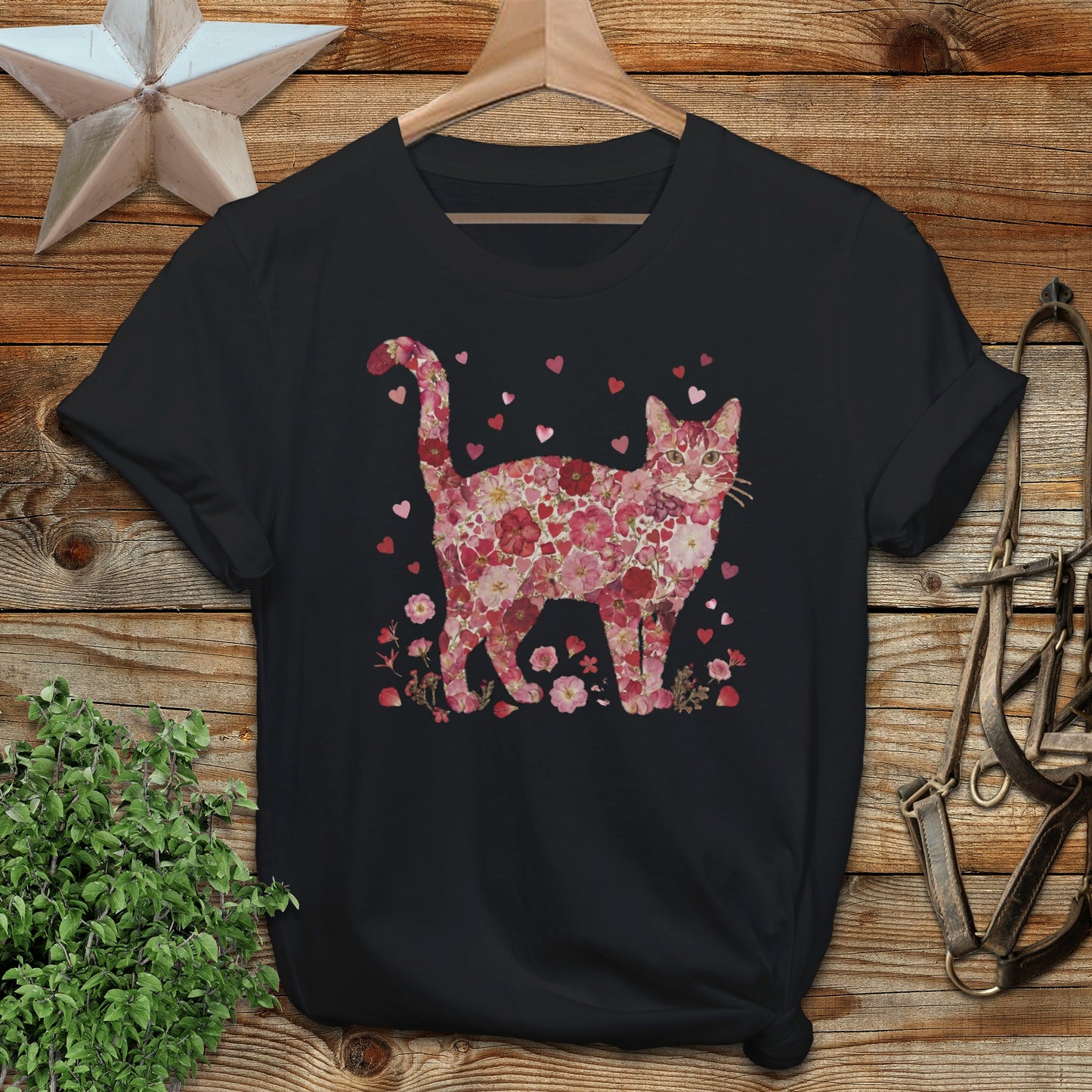 Floral Hearts Cat Graphic T-Shirt with Rustic Background