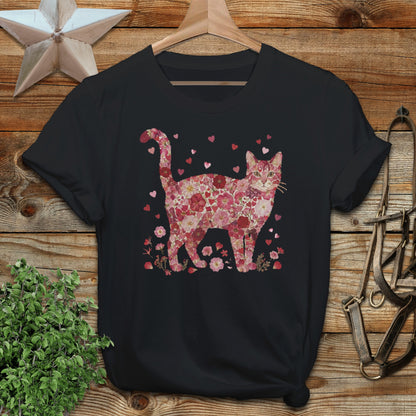 Floral Hearts Cat Graphic T-Shirt with Rustic Background