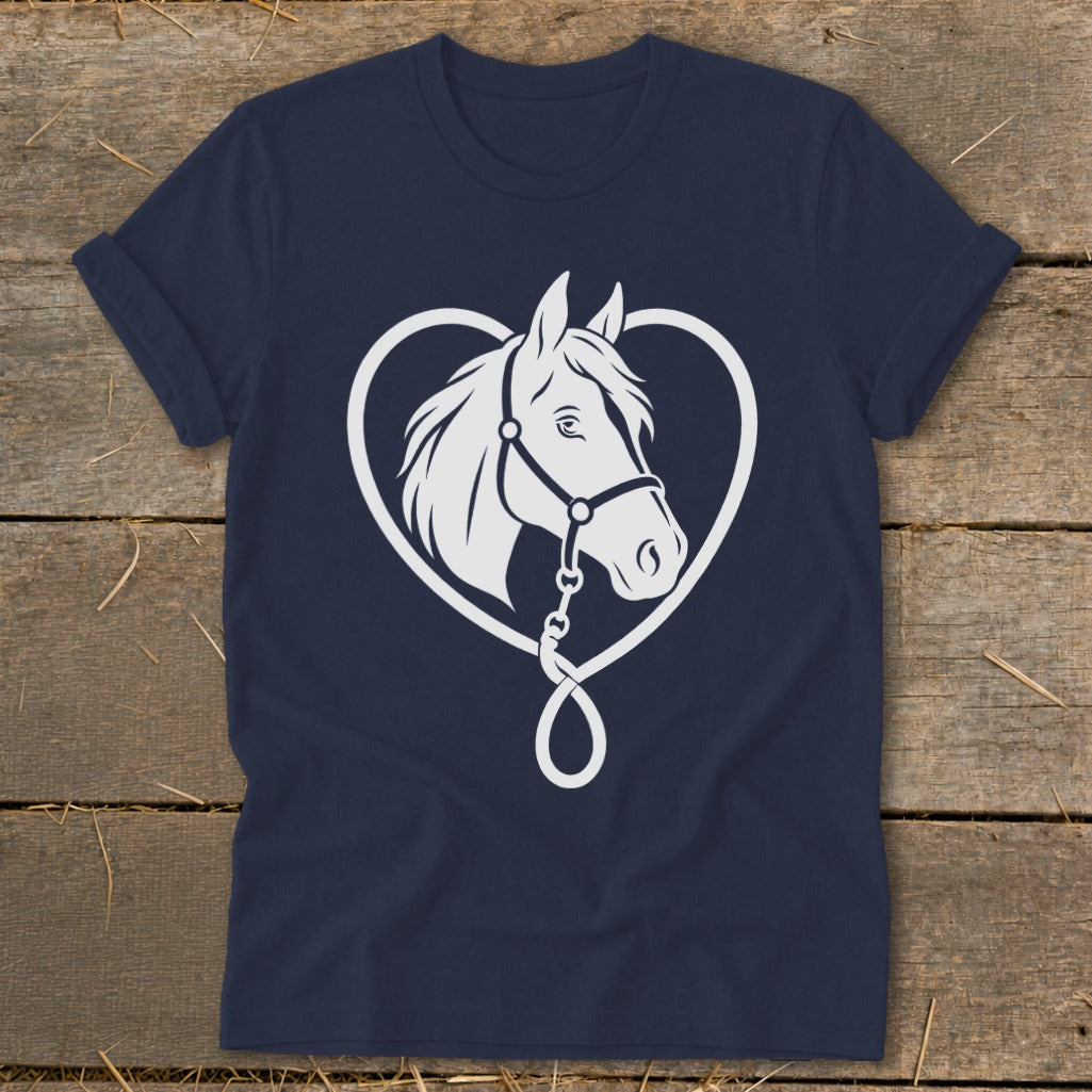 Dark blue t-shirt featuring a white graphic of a horse's head framed by a heart-shaped rope.