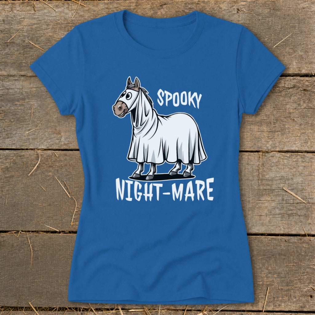 Blue t-shirt with a cartoon horse in a ghost costume and text "Spooky Night-Mare".