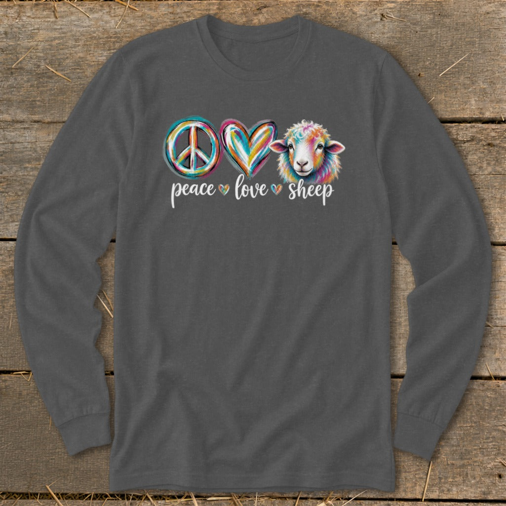 Long sleeve shirt with peace, love, sheep text and colorful sheep illustration.