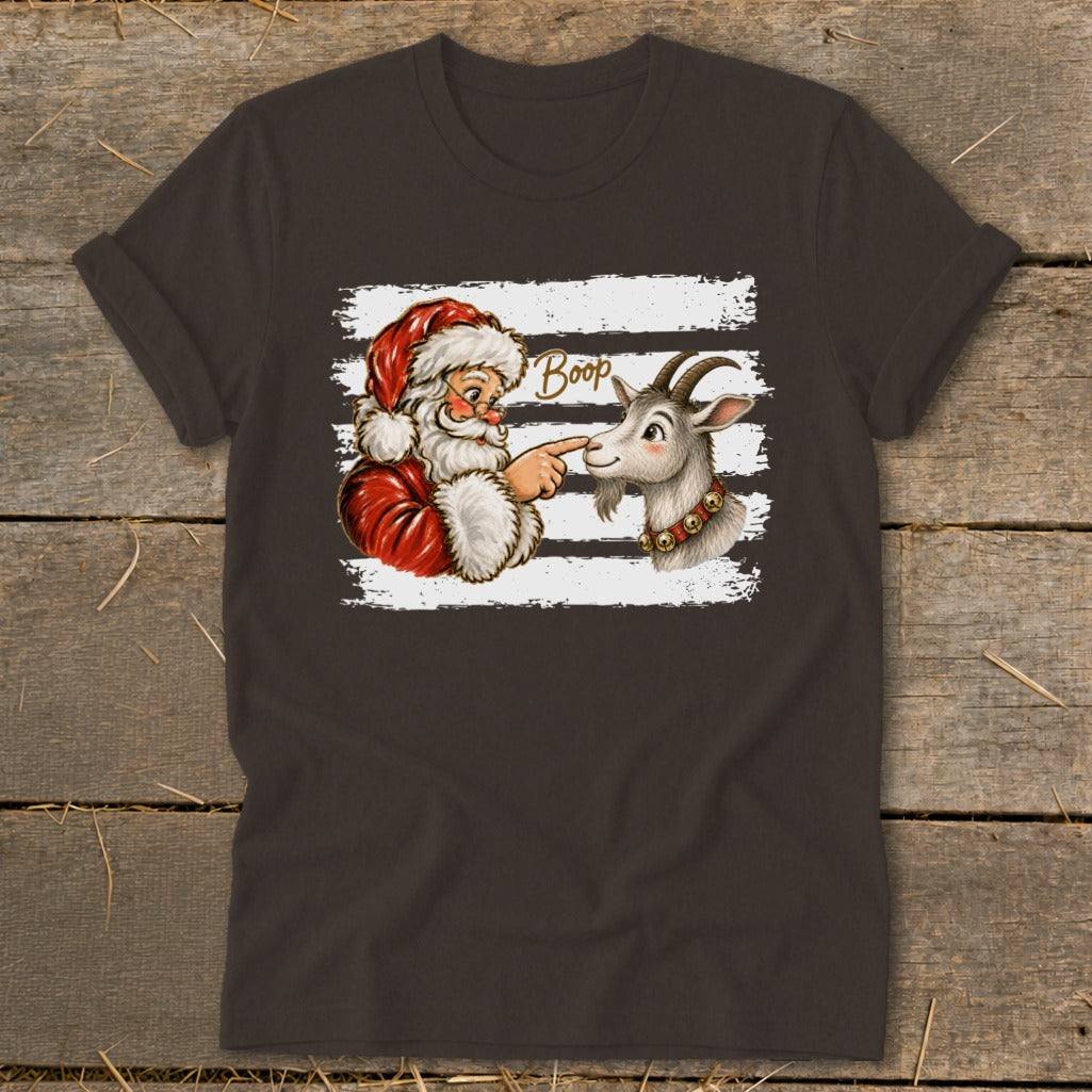 Santa booping a goat with "Boop" text on a graphic t-shirt.