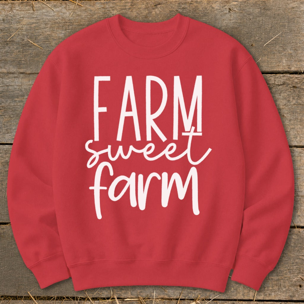 Red sweatshirt with white text "FARM sweet farm"