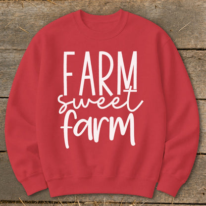 Red sweatshirt with white text "FARM sweet farm"