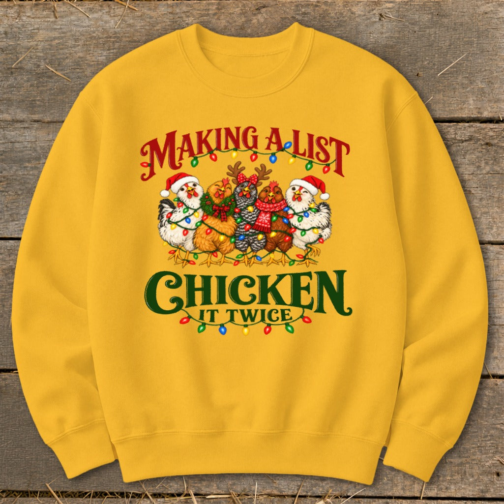 Yellow sweatshirt with chickens wearing Santa hats and Christmas lights, saying "Making a list and chicken it twice".