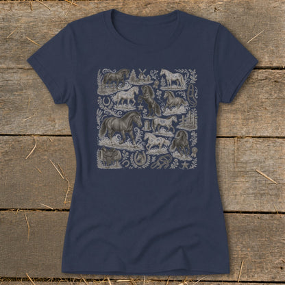 Navy t-shirt with a square pattern of grey horses and western motifs.