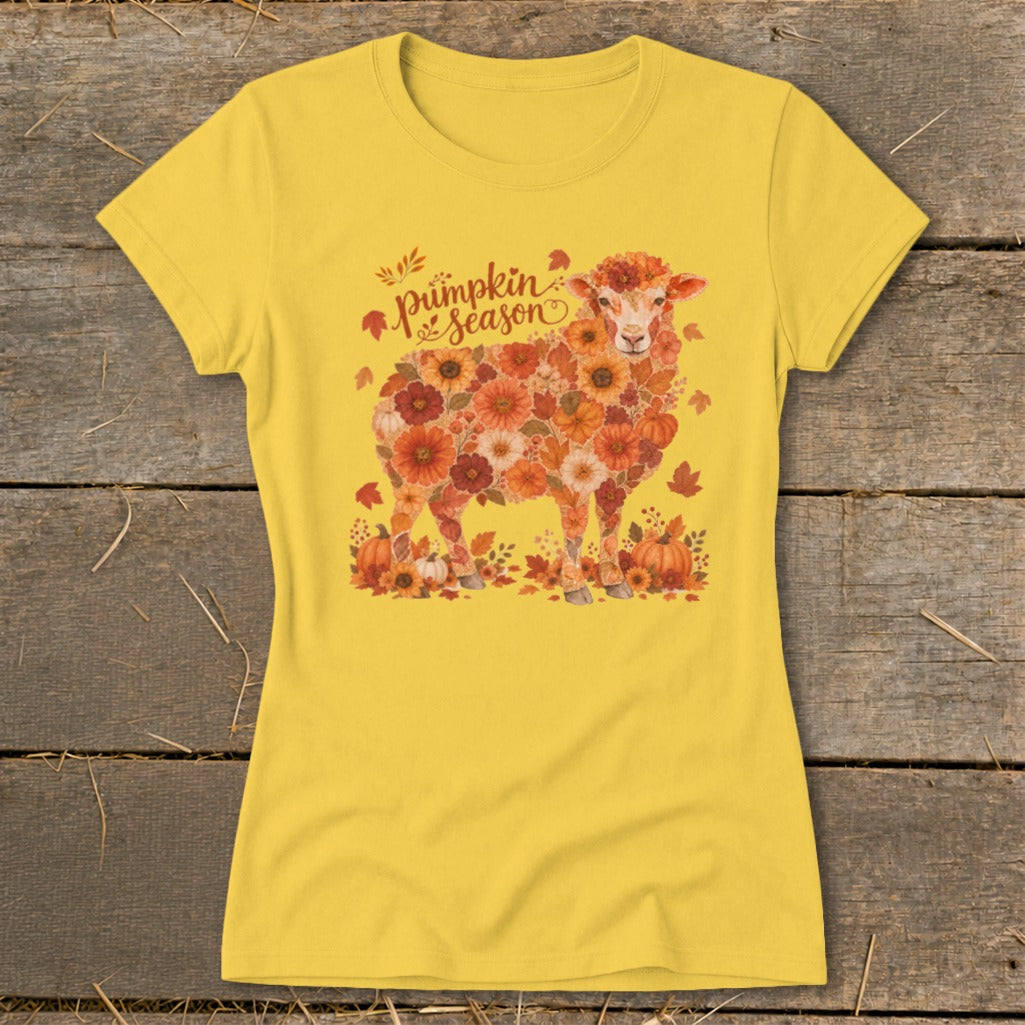 Yellow t-shirt with a sheep graphic made of autumn flowers, leaves, and pumpkins.
