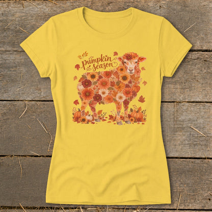 Yellow t-shirt with a sheep graphic made of autumn flowers, leaves, and pumpkins.