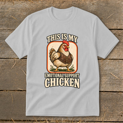 Light gray t-shirt with a chicken wearing a vest, "This is My Emotional Support Chicken" text.