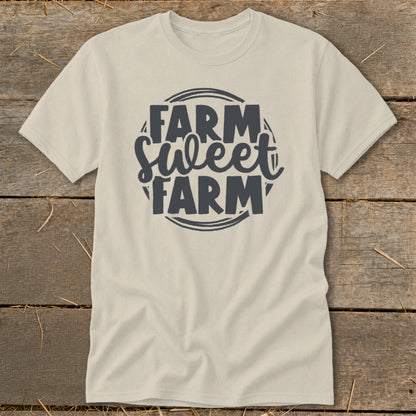 Light beige t-shirt with dark gray "Farm Sweet Farm" text in a circular design.