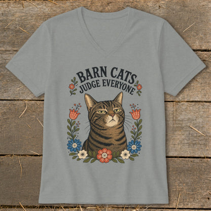 Gray t-shirt with a tabby cat illustration surrounded by flowers and text "Barn Cats Judge Everyone".