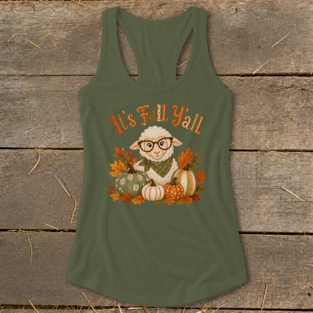 Sheep wearing glasses surrounded by pumpkins and fall leaves with text "It's Fall Y'all".