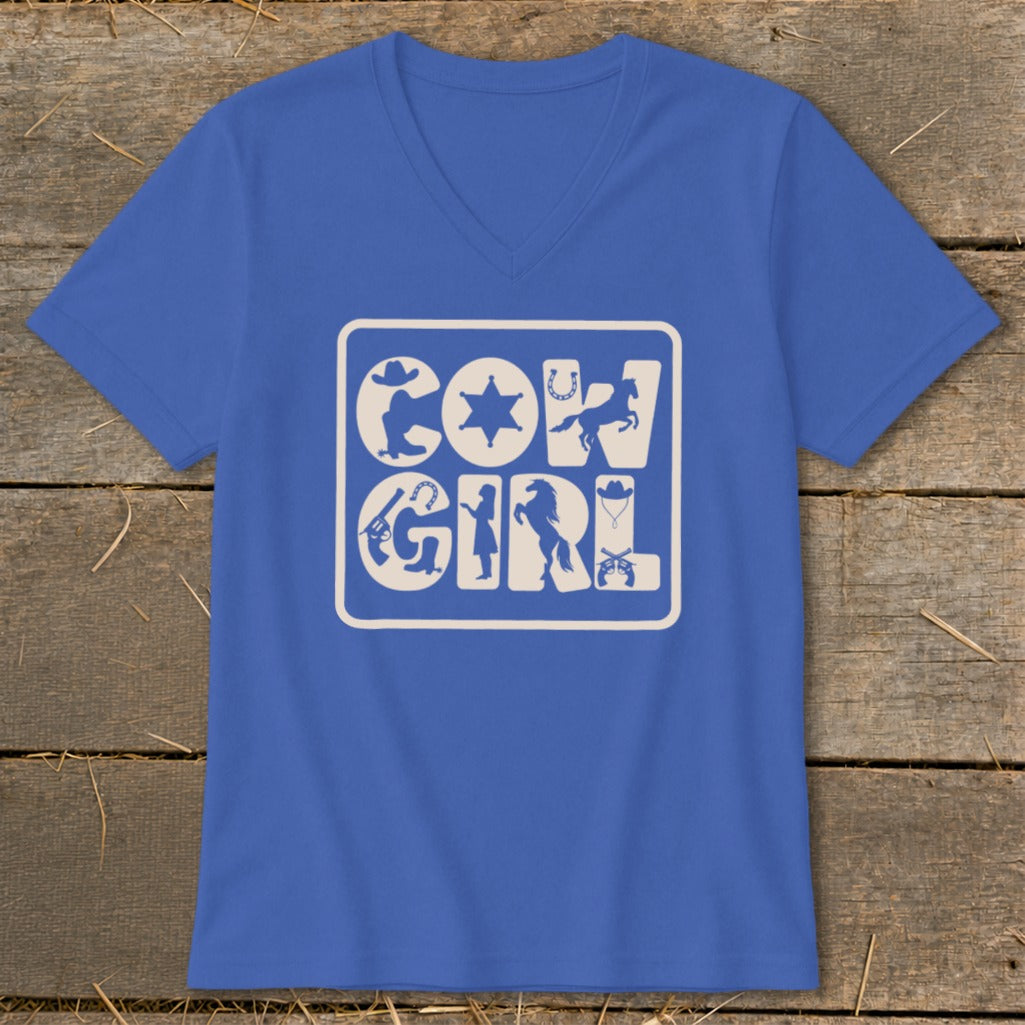 Blue t-shirt with "Cow Girl" graphic containing western silhouettes.