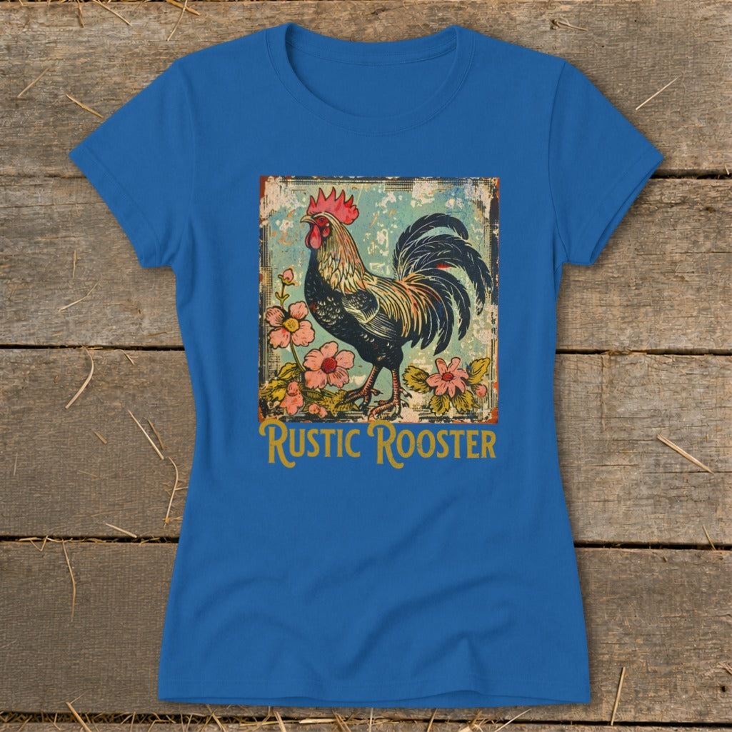 Blue t-shirt with a rustic rooster and flowers graphic and "Rustic Rooster" text.