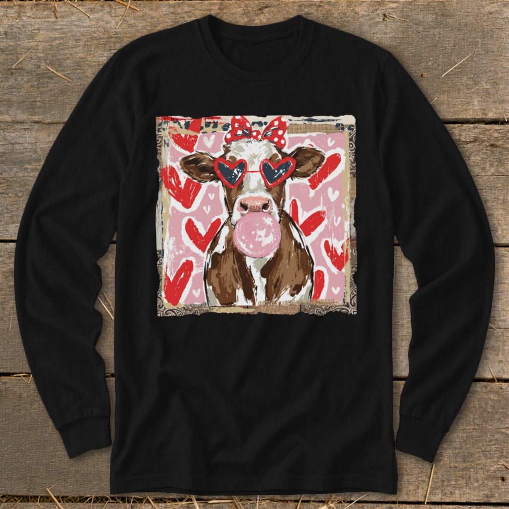 Brown and white cow with heart sunglasses and bubble gum blowing, against pink hearts.