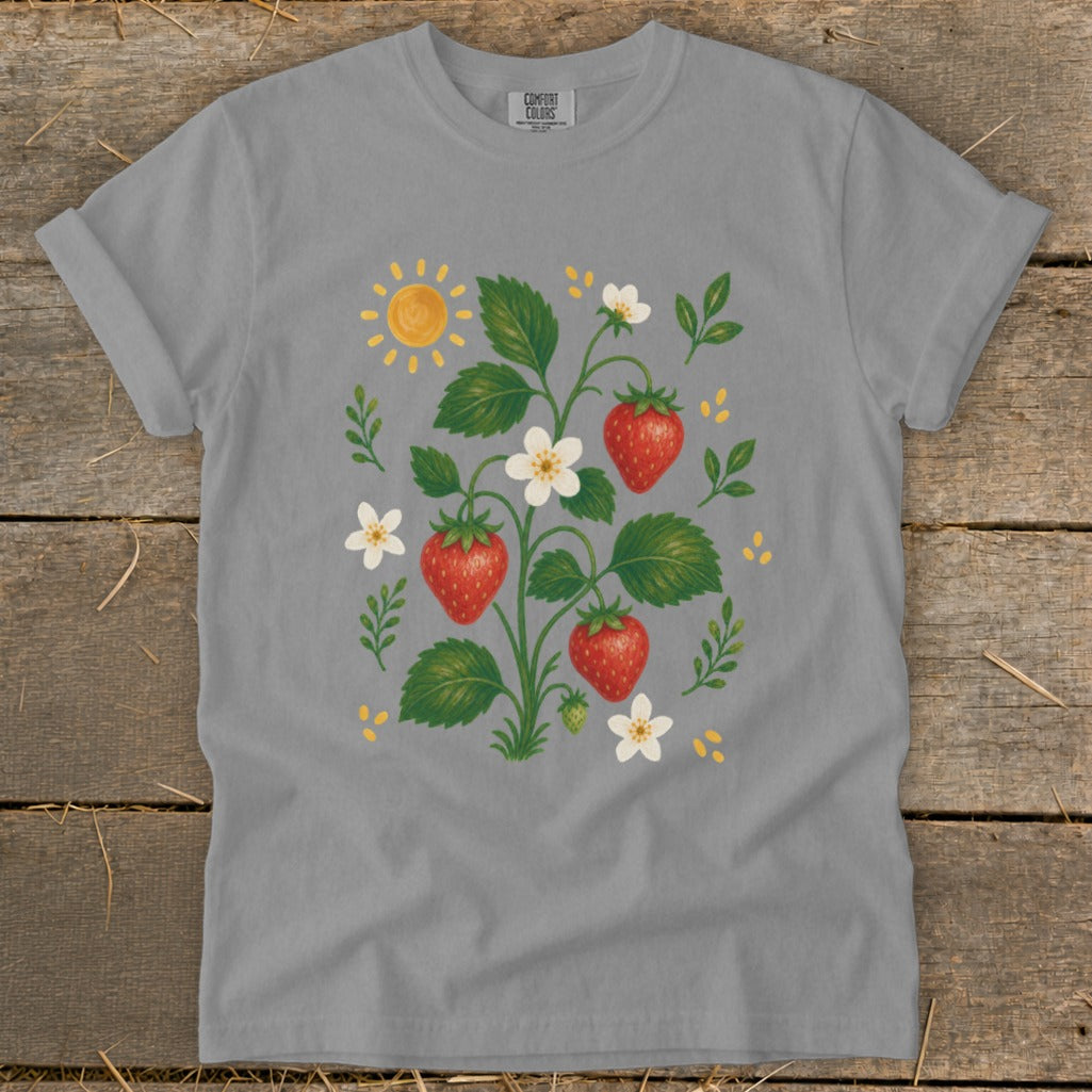 Grey t-shirt with a watercolor illustration of a strawberry plant and the sun.