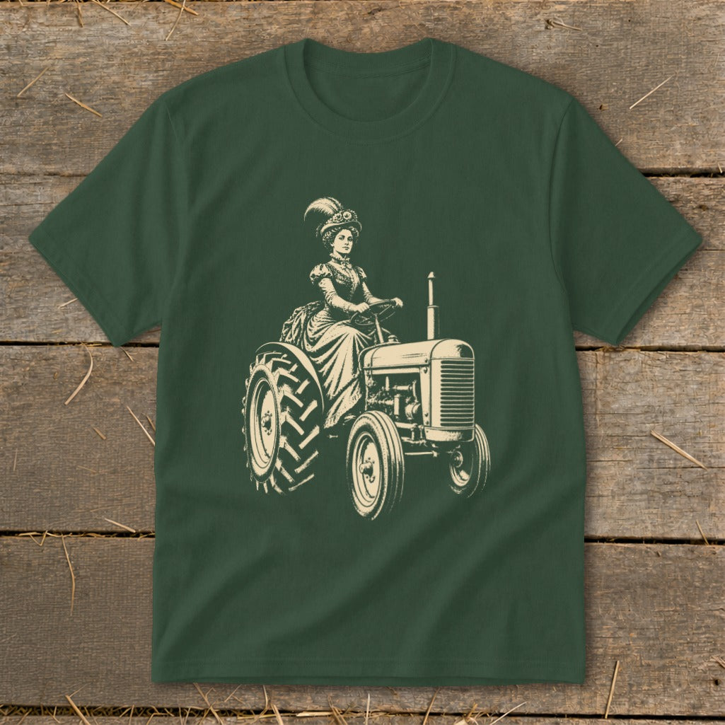 Woman in vintage dress driving a tractor.