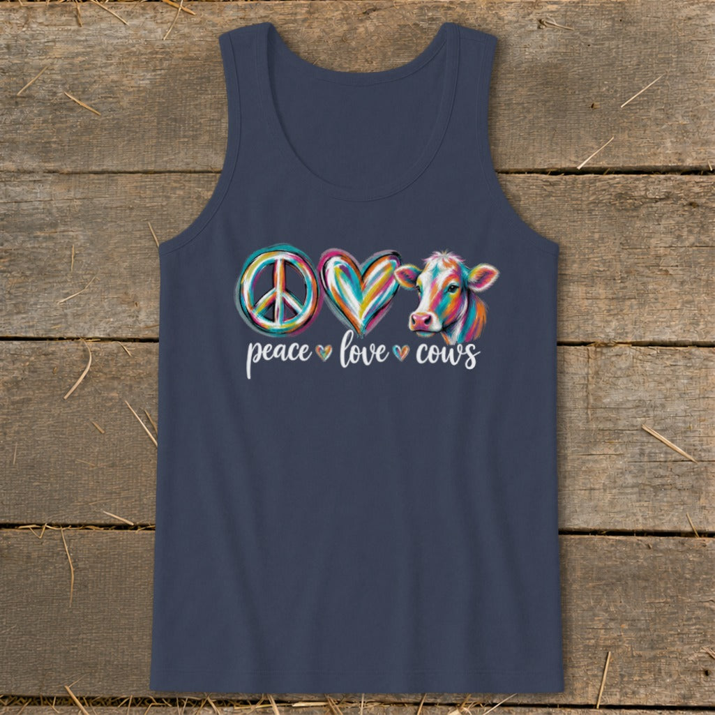 Peace symbol, heart, and cow graphic with text "peace love cows".