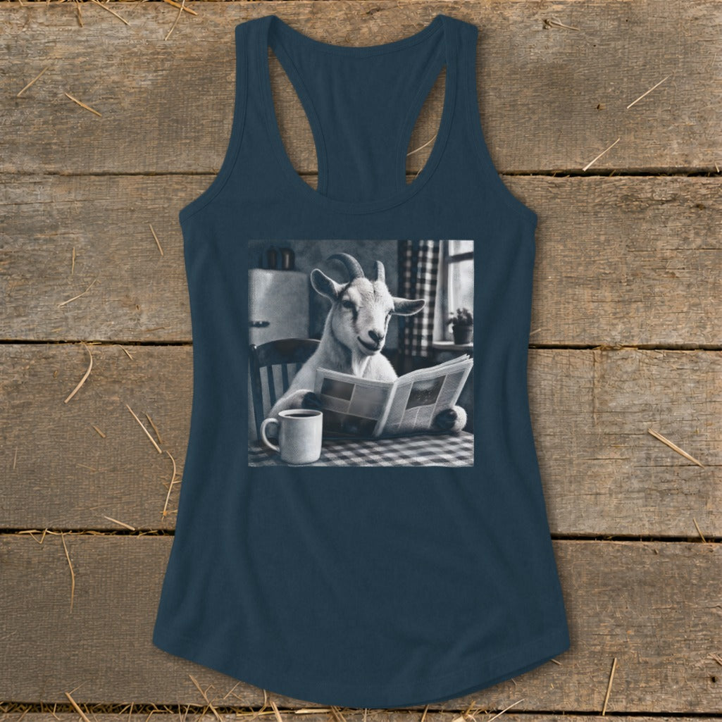 A dark blue racerback tank top featuring a graphic of a goat reading a newspaper at a table with a mug of coffee.