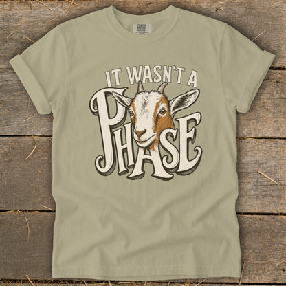 T-shirt with a goat peeking through text that reads "IT WASN'T A PHASE".