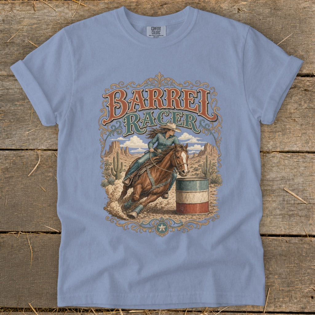 Barrel racer on horseback in desert landscape with text "Barrel Racer"