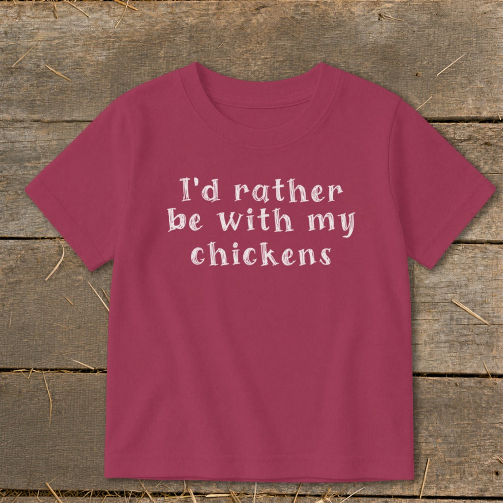 Pink t-shirt with white text "I'd rather be with my chickens".