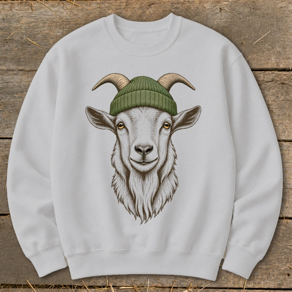 White sweatshirt with a graphic of a goat wearing a green beanie.