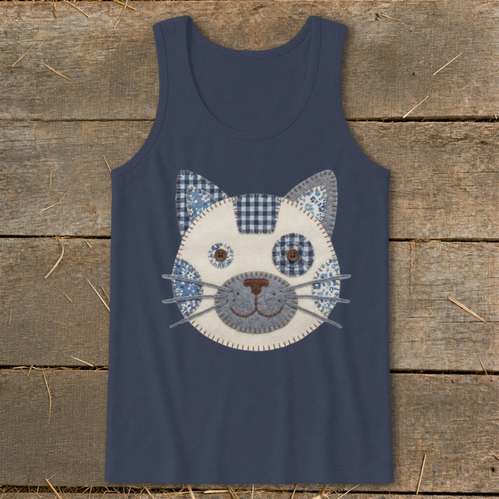 Navy tank top with a quilted cat face applique featuring blue and white fabrics.