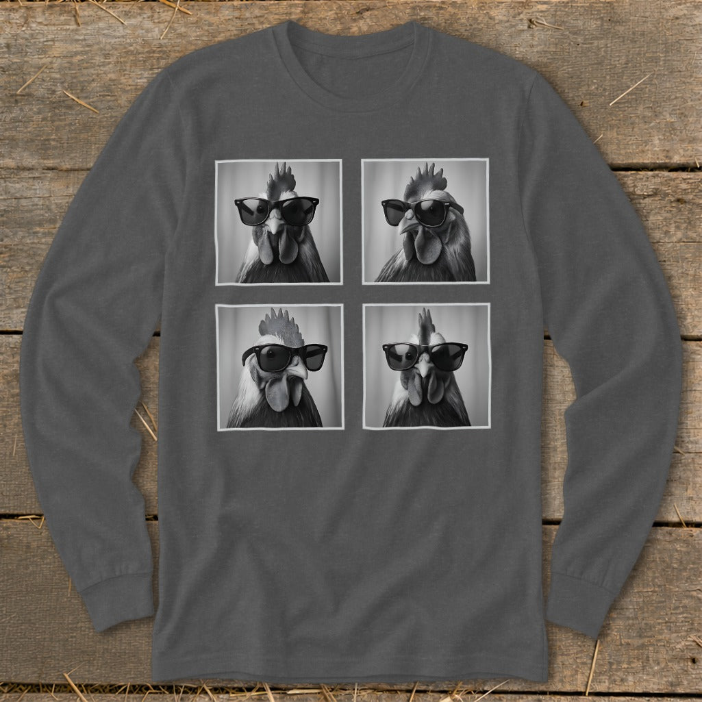 Dark grey long-sleeve shirt with four black and white portraits of roosters wearing sunglasses.