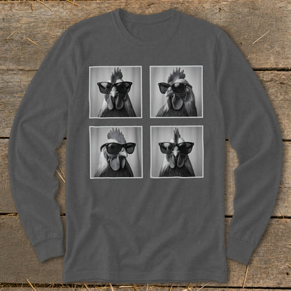 Dark grey long-sleeve shirt with four black and white portraits of roosters wearing sunglasses.