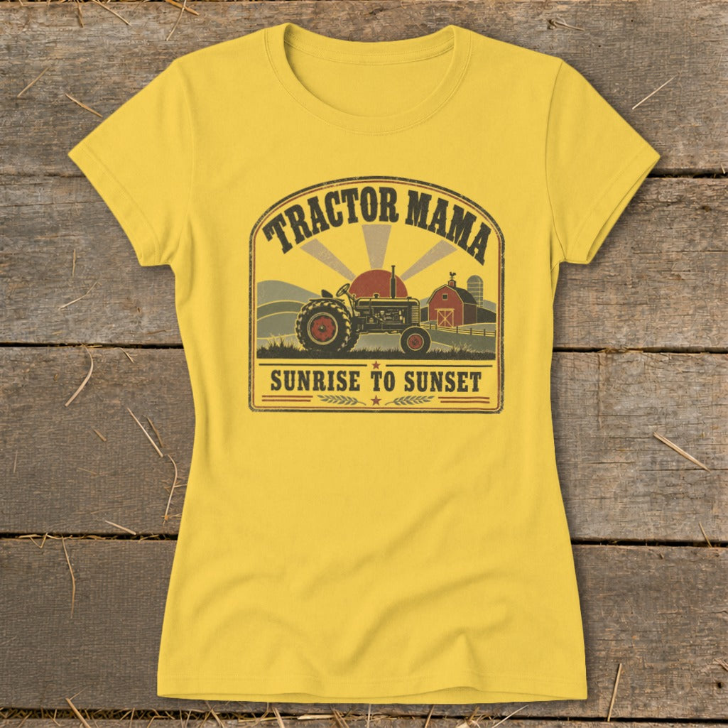 Yellow t-shirt with vintage tractor graphic and text "Tractor Mama Sunrise to Sunset".