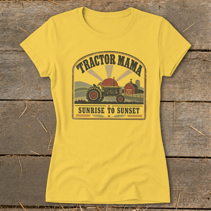Yellow t-shirt with vintage tractor graphic and text "Tractor Mama Sunrise to Sunset".