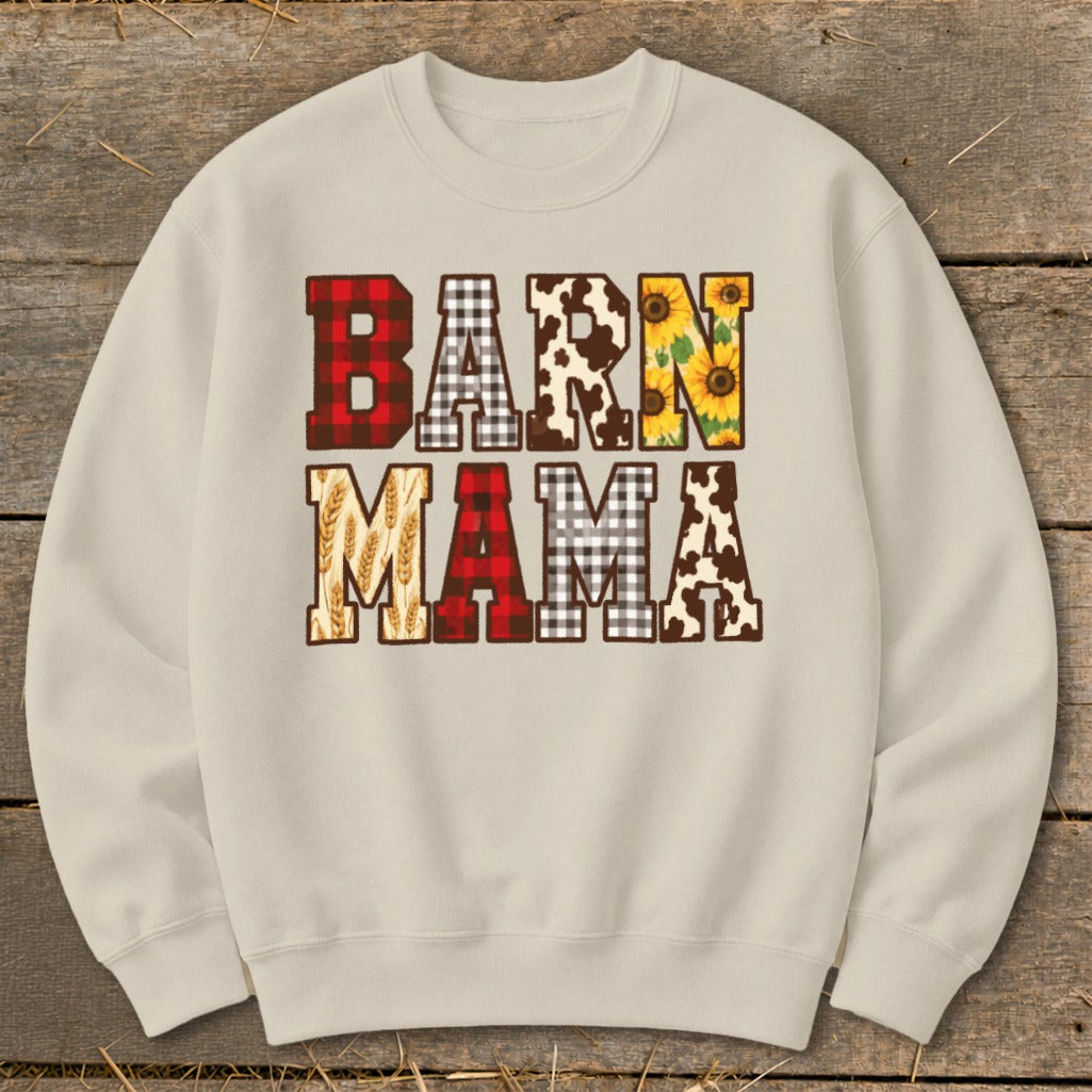 Cream sweatshirt with "BARN MAMA" text in patterned letters.