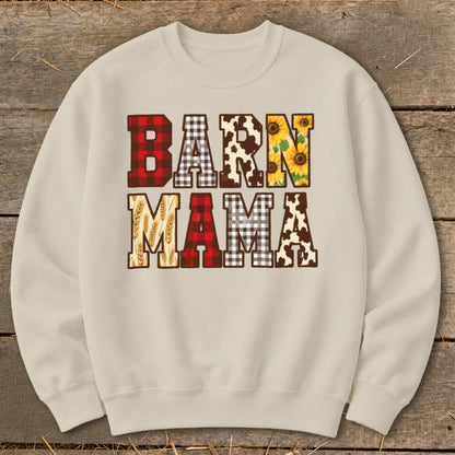 Cream sweatshirt with "BARN MAMA" text in patterned letters.